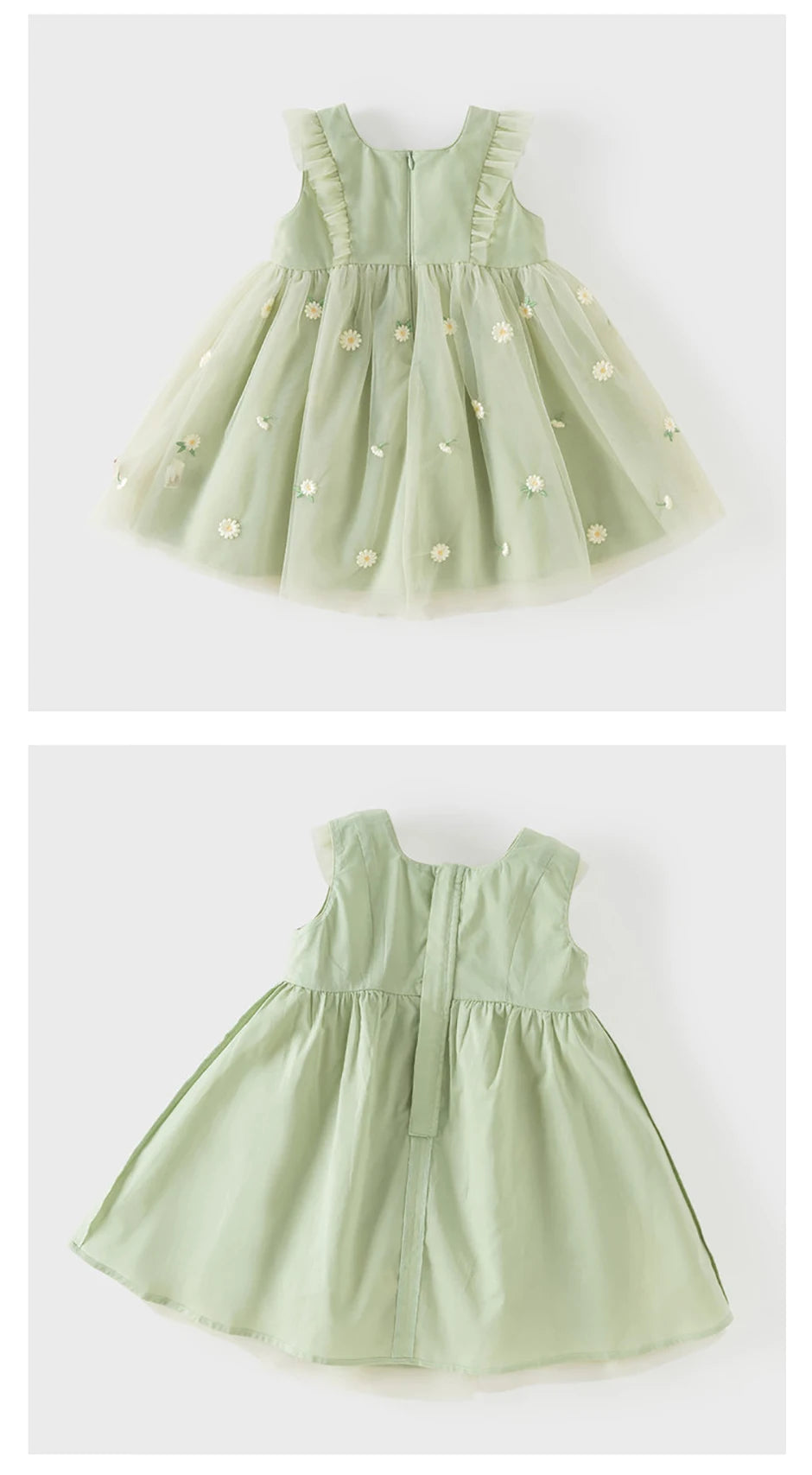 Girls Green Embroidered Mesh Dress