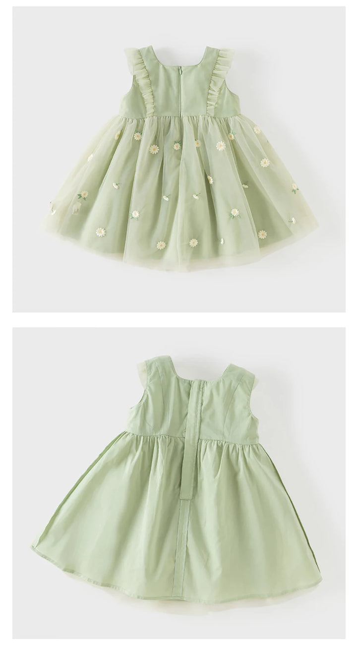 Girls Green Embroidered Mesh Dress
