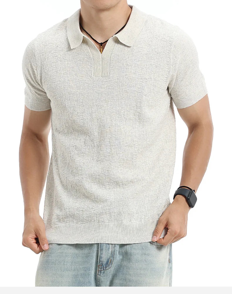 Men’s Textured Knit V-Neck Polo Shirt
