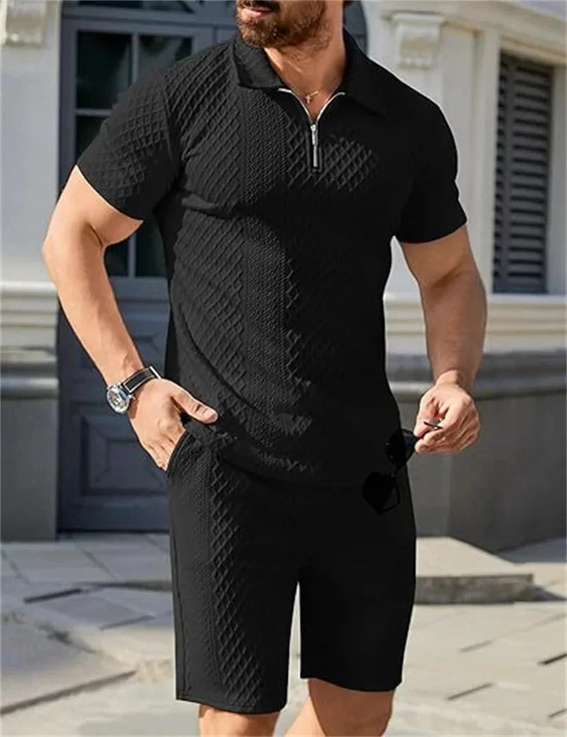 Men’s Jacquard Half-Zip Polo & Shorts Set | طقم رجالي بولو جاكار بسحاب وشورت