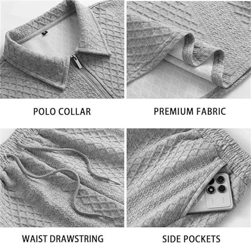 Men’s Jacquard Half-Zip Polo & Shorts Set | طقم رجالي بولو جاكار بسحاب وشورت