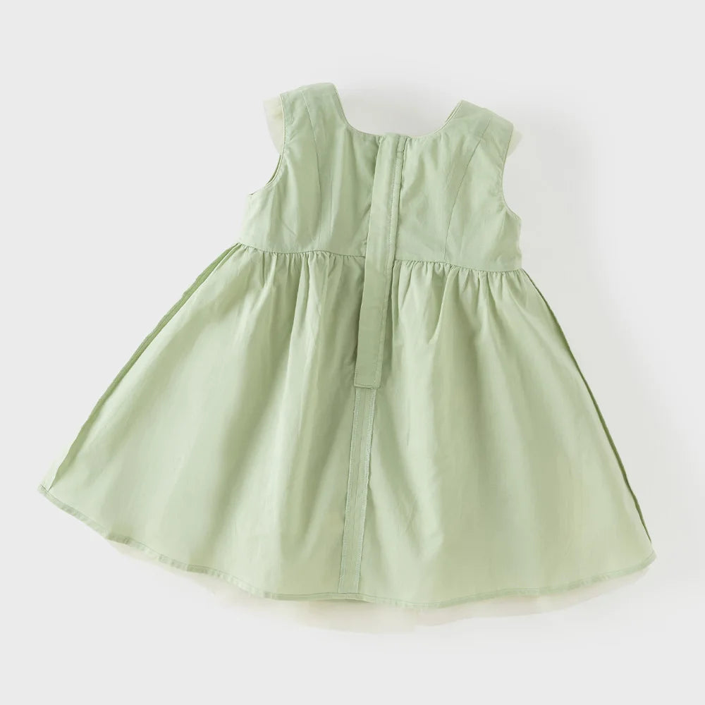 Girls Green Embroidered Mesh Dress