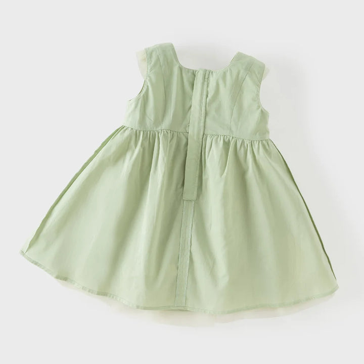 Girls Green Embroidered Mesh Dress