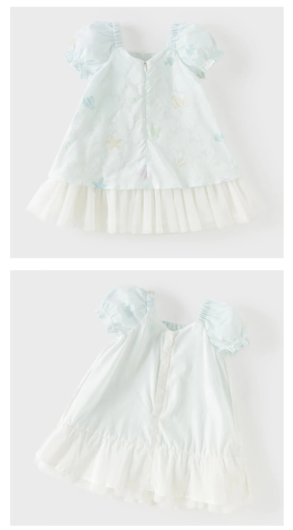 Girls Light Blue Printed Mesh Dress