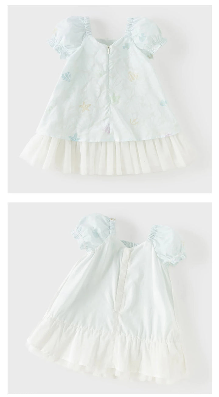 Girls Light Blue Printed Mesh Dress