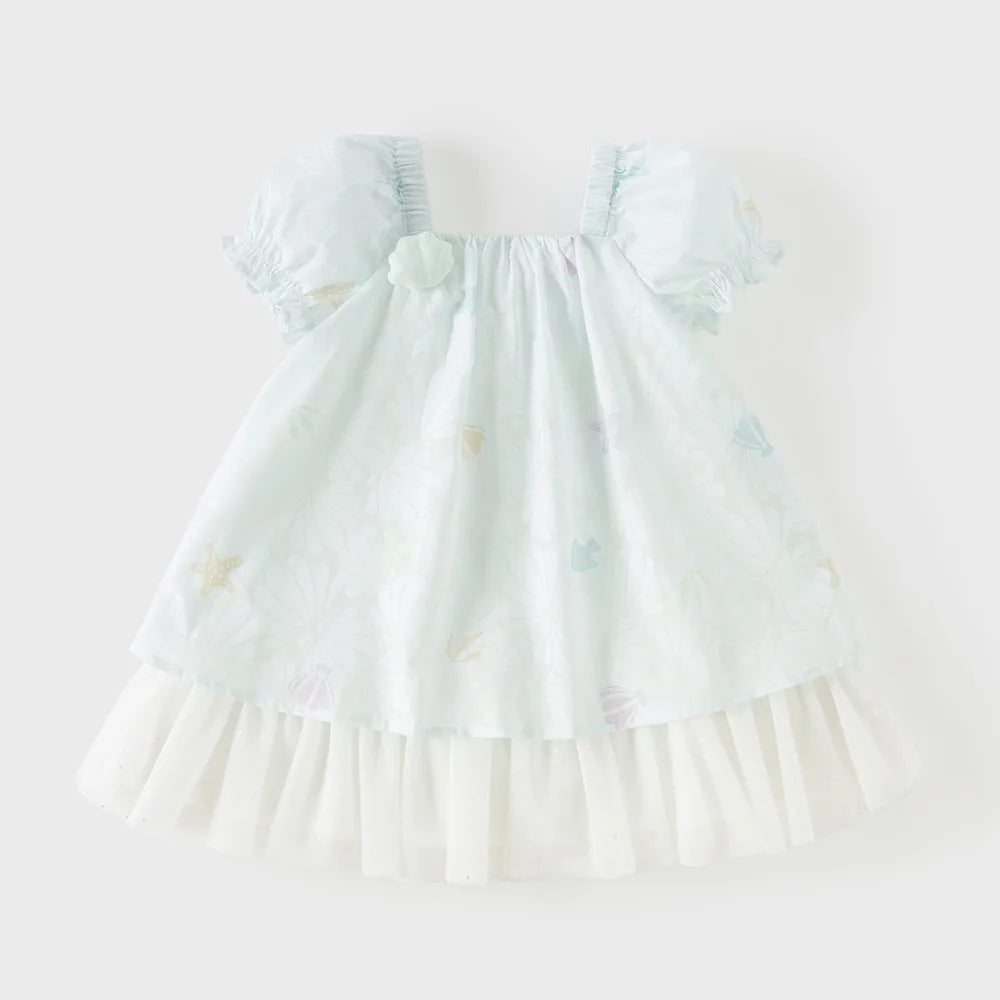 Girls Light Blue Printed Mesh Dress