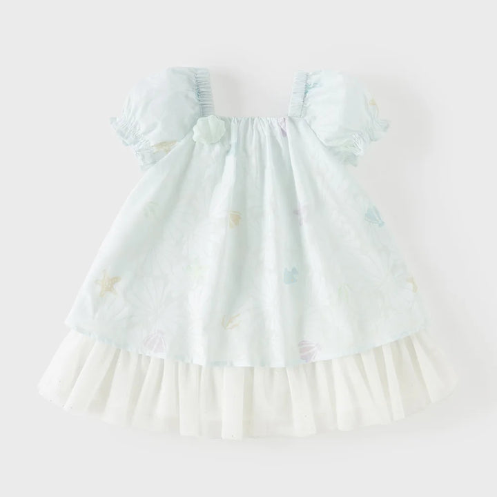 Girls Light Blue Printed Mesh Dress