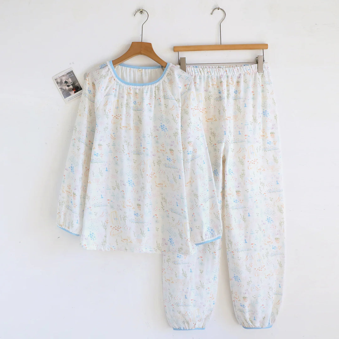 Women’s Cotton Gauze Pajama Set | بيجامة قطنية نسائية للبيت - Lace Collar