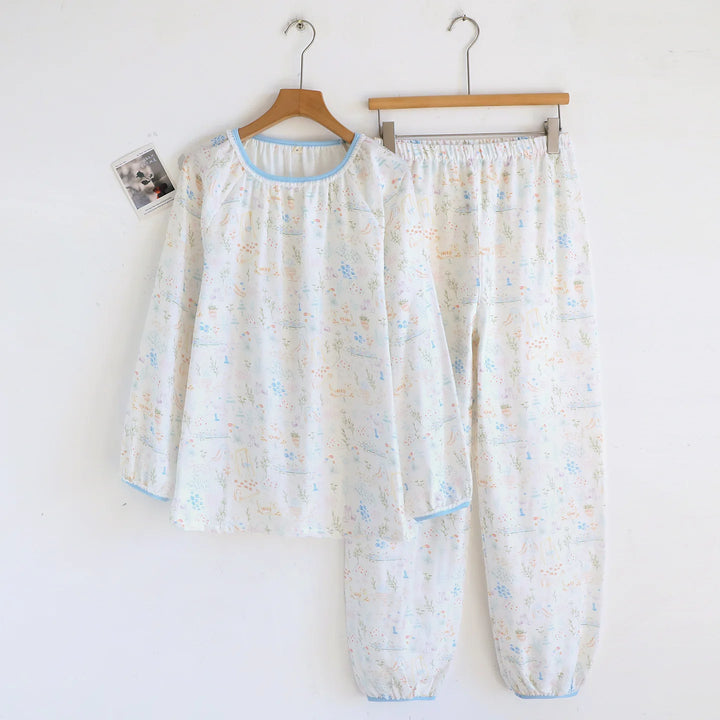 Women’s Cotton Gauze Pajama Set | بيجامة قطنية نسائية للبيت - Lace Collar