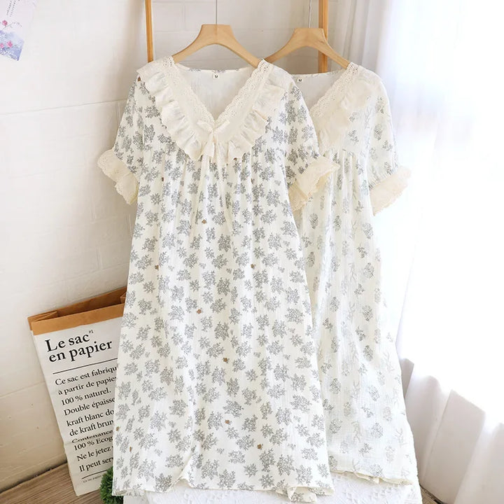 Women’s Cotton Gauze Sleep Dress | جلابية قطنية صيفية للبيت - Lace Trim