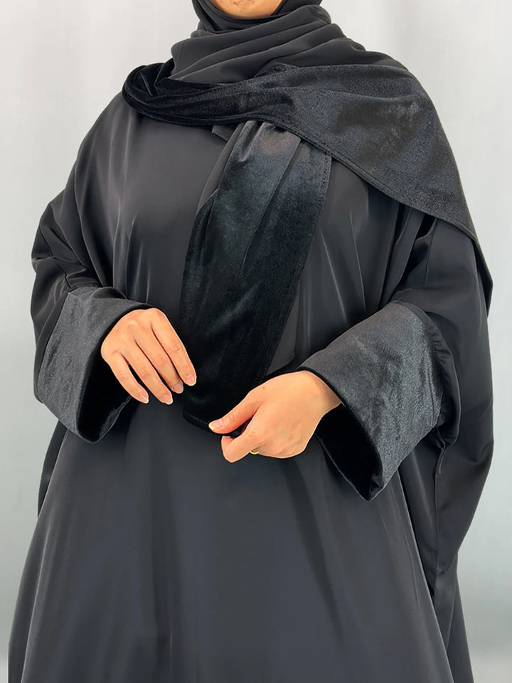 Black Abaya – Nida Fabric with Velvet Details