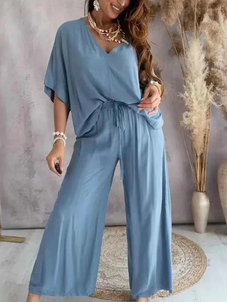 Women’s Casual 2-Piece Set | V-Neck Bat Sleeve Top & Wide-Leg Pants