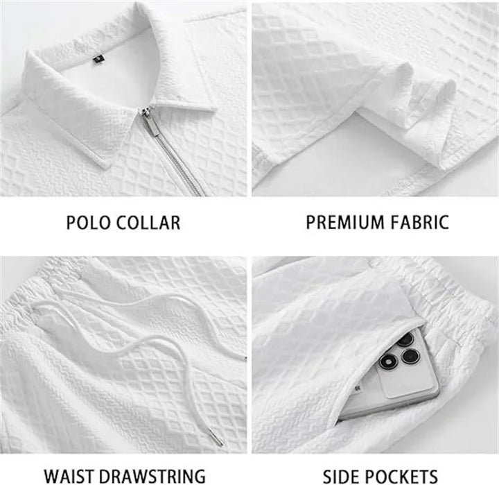 Men’s Jacquard Half-Zip Polo & Shorts Set | طقم رجالي بولو جاكار بسحاب وشورت