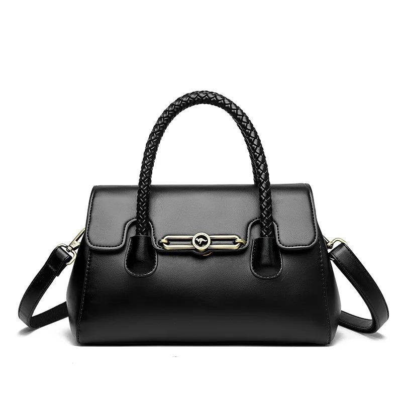 Women’s Woven-Handle Leather Handbag | حقيبة جلد نسائية بمقبض منسوج