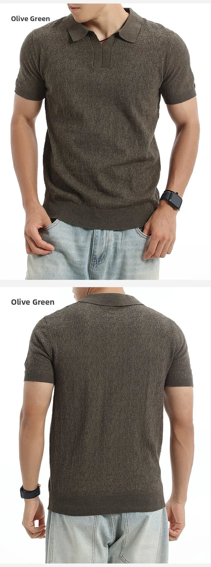 Men’s Textured Knit V-Neck Polo Shirt