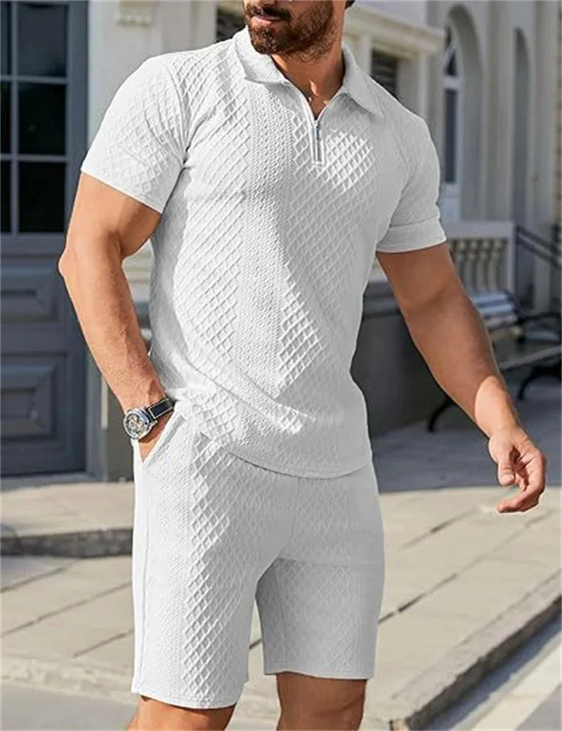 Men’s Jacquard Half-Zip Polo & Shorts Set | طقم رجالي بولو جاكار بسحاب وشورت