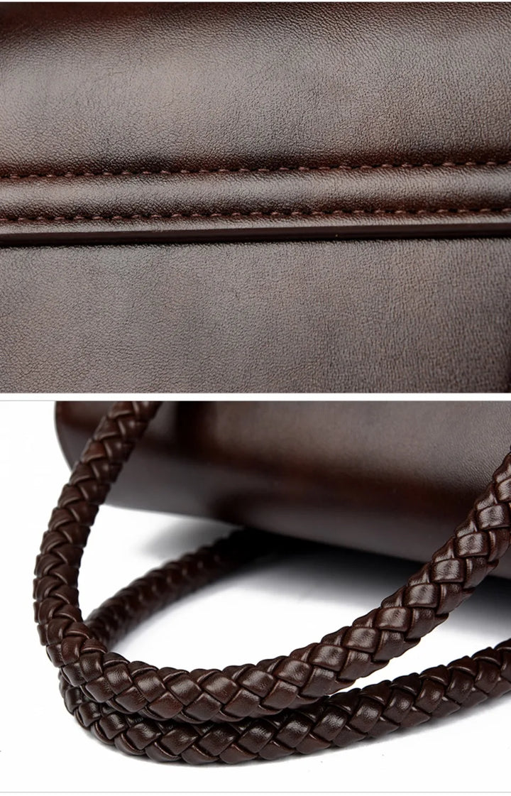 Women’s Woven-Handle Leather Handbag | حقيبة جلد نسائية بمقبض منسوج