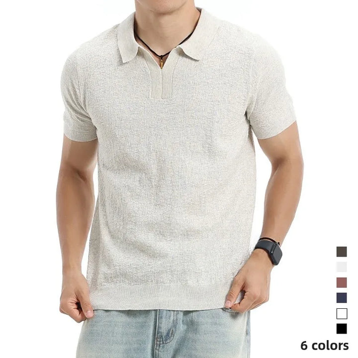 Men’s Textured Knit V-Neck Polo Shirt