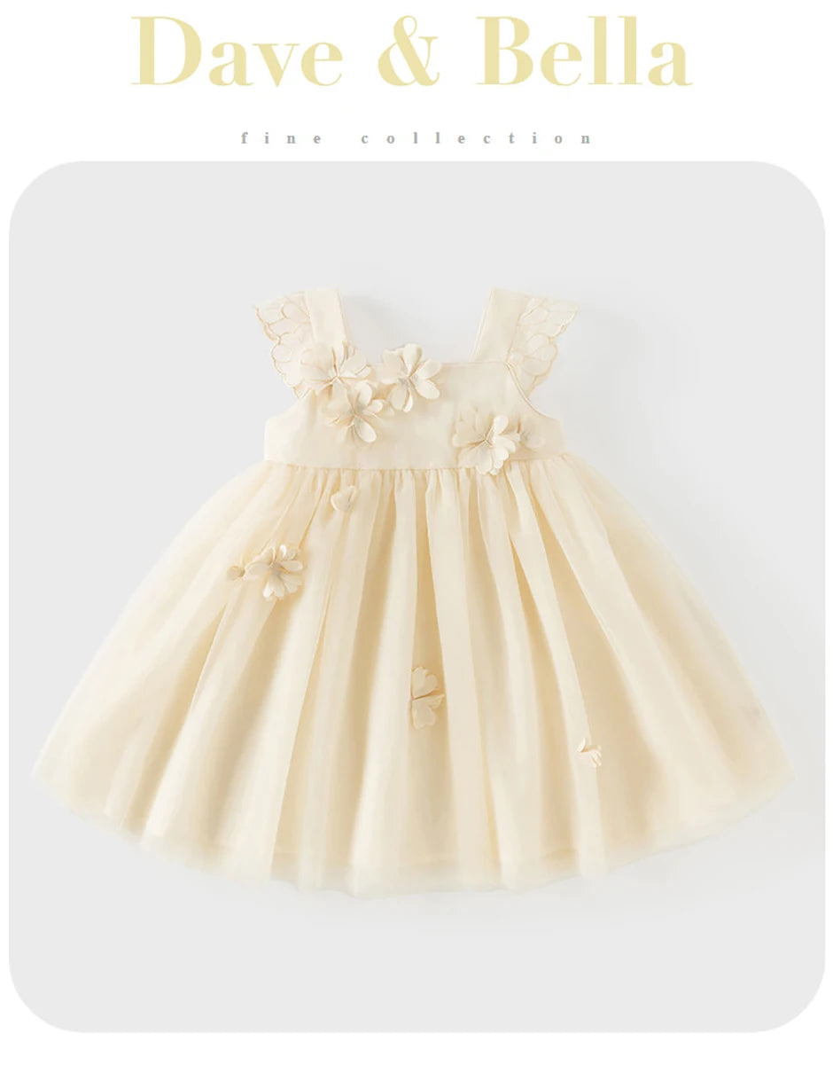 Girls Light Yellow Embroidered Mesh Dress
