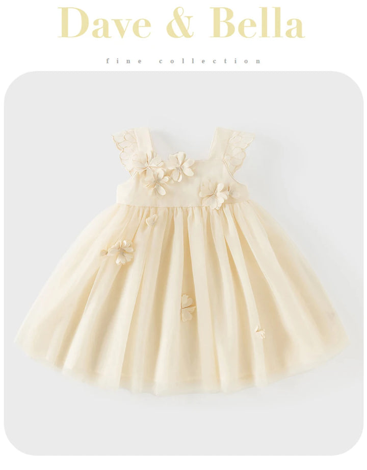 Girls Light Yellow Embroidered Mesh Dress