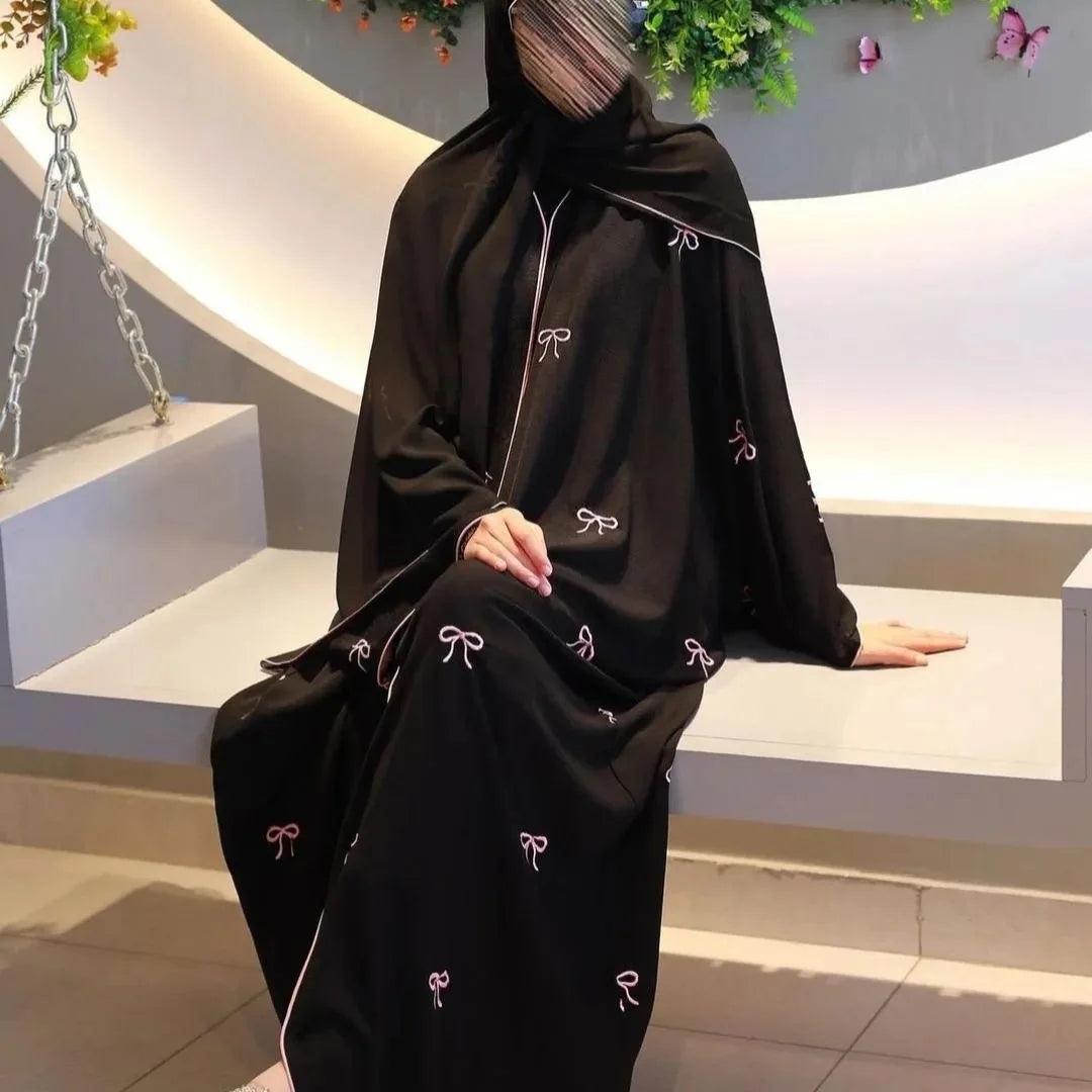 Women’s Open Abaya | Elegant Bow Embroidery Scarf Option Design