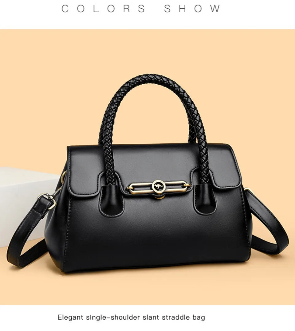 Women’s Woven-Handle Leather Handbag | حقيبة جلد نسائية بمقبض منسوج