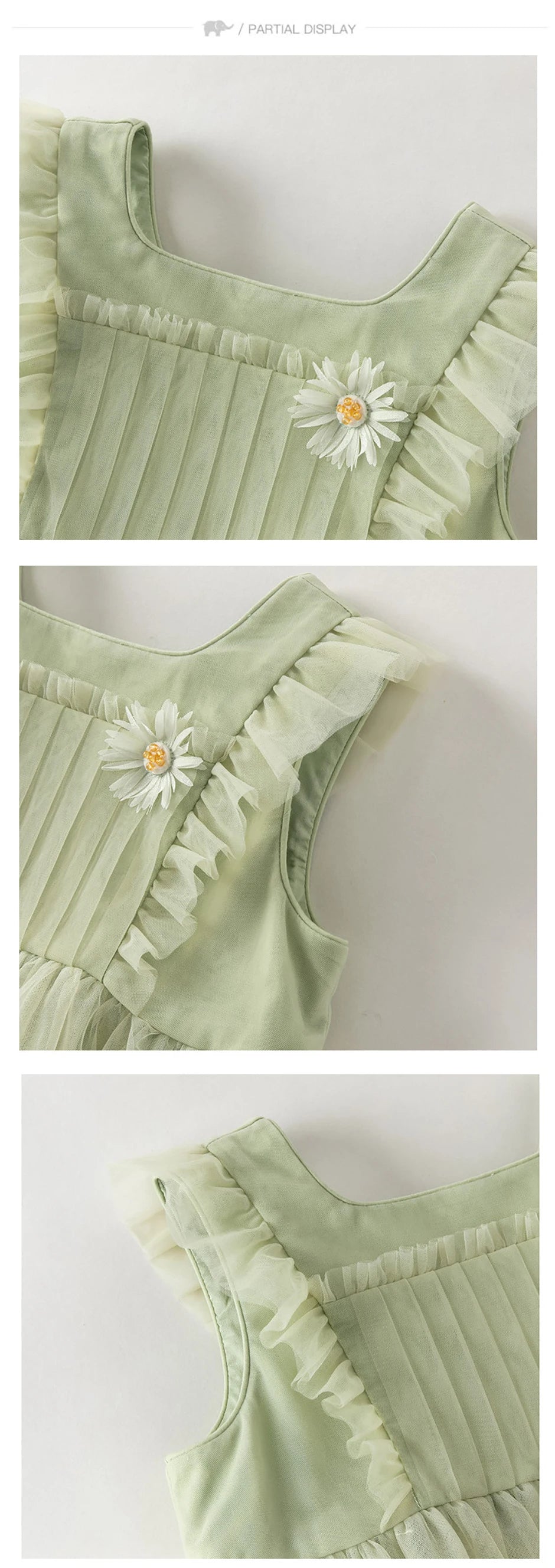 Girls Green Embroidered Mesh Dress