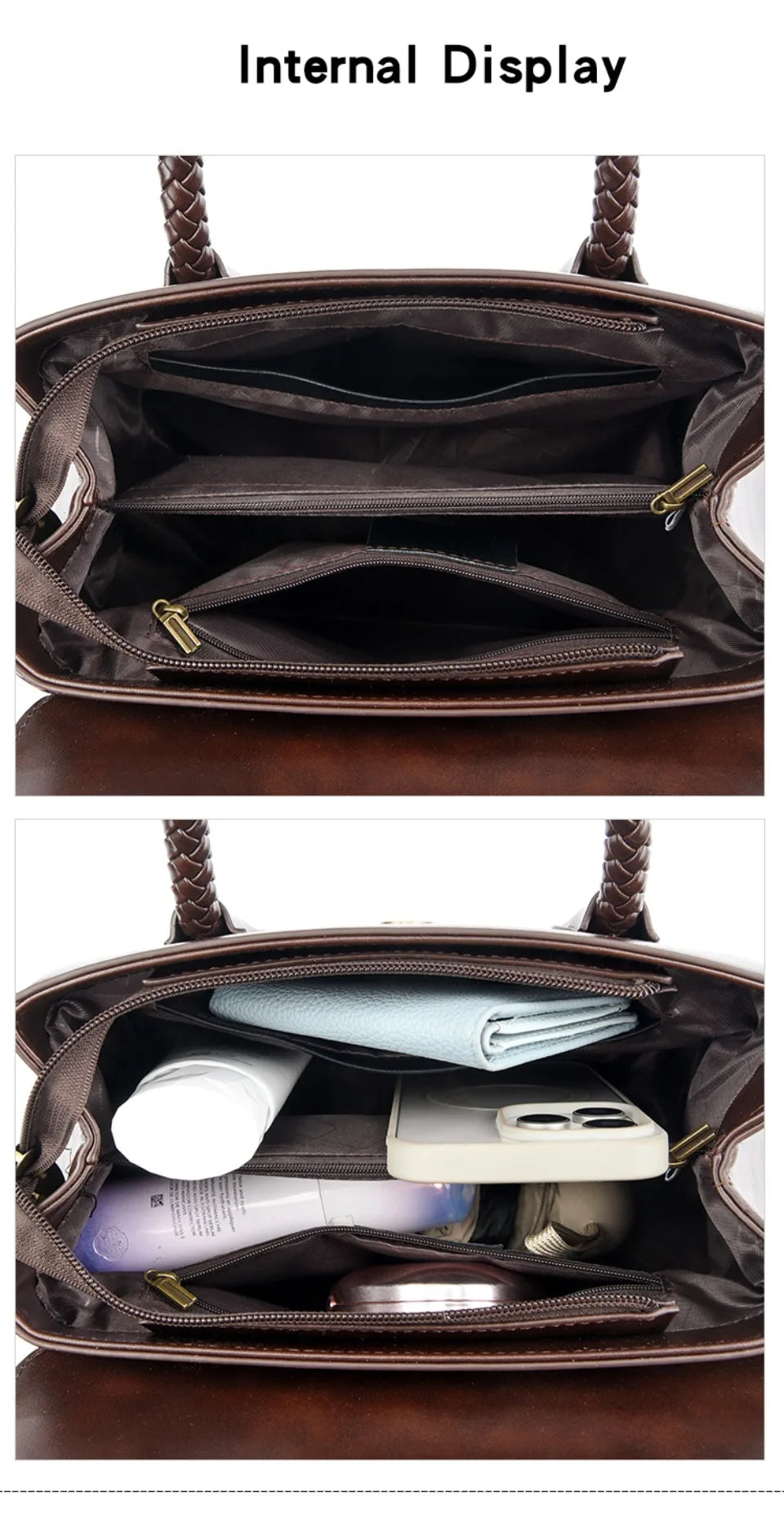 Women’s Woven-Handle Leather Handbag | حقيبة جلد نسائية بمقبض منسوج