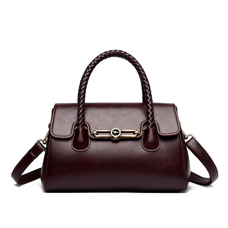 Women’s Woven-Handle Leather Handbag | حقيبة جلد نسائية بمقبض منسوج