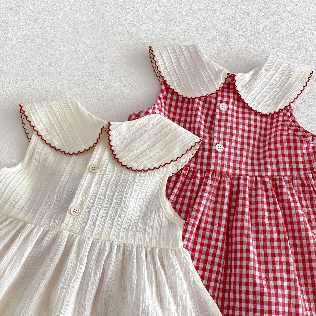Girls Cherry Embroidered Check Dress