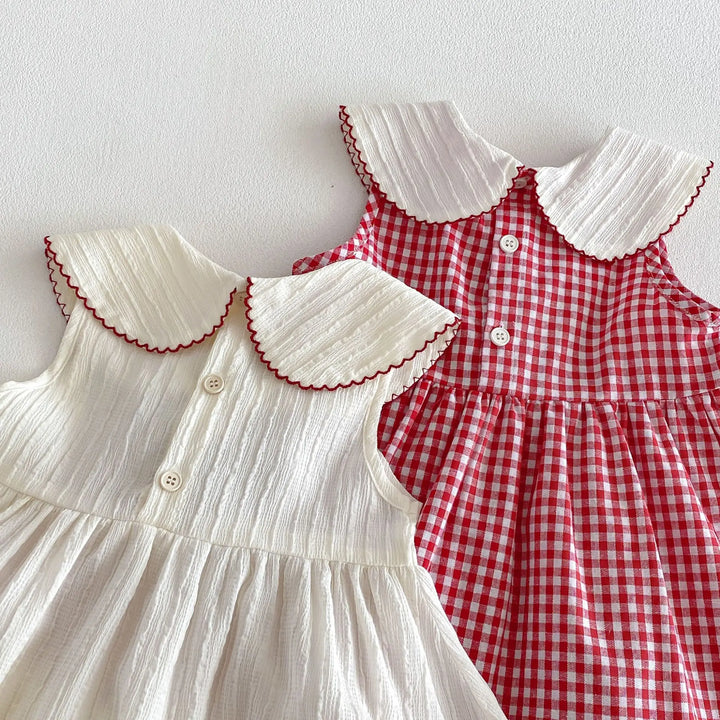 Girls Cherry Embroidered Check Dress