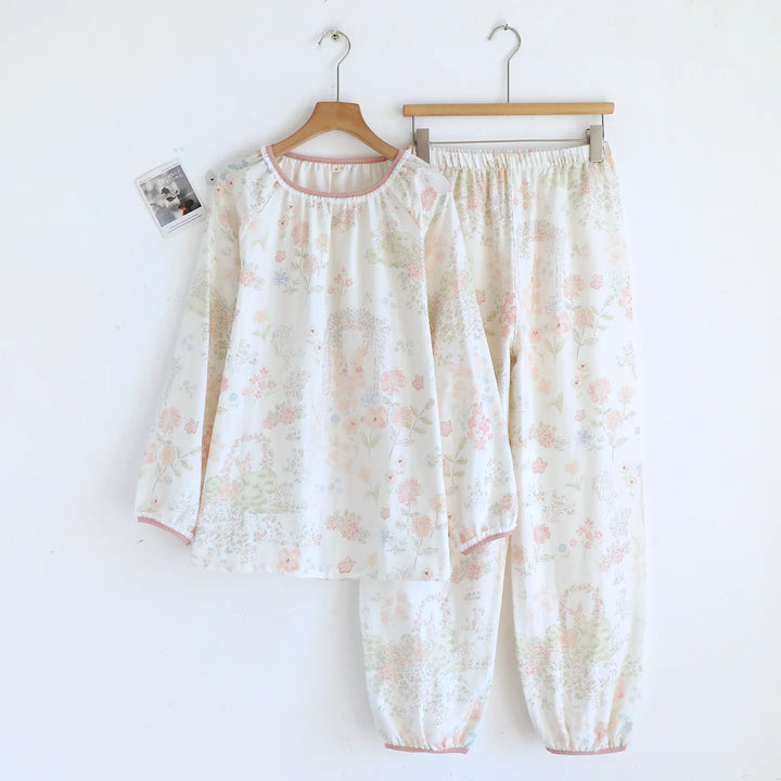 Women’s Cotton Gauze Pajama Set | بيجامة قطنية نسائية للبيت - Lace Collar