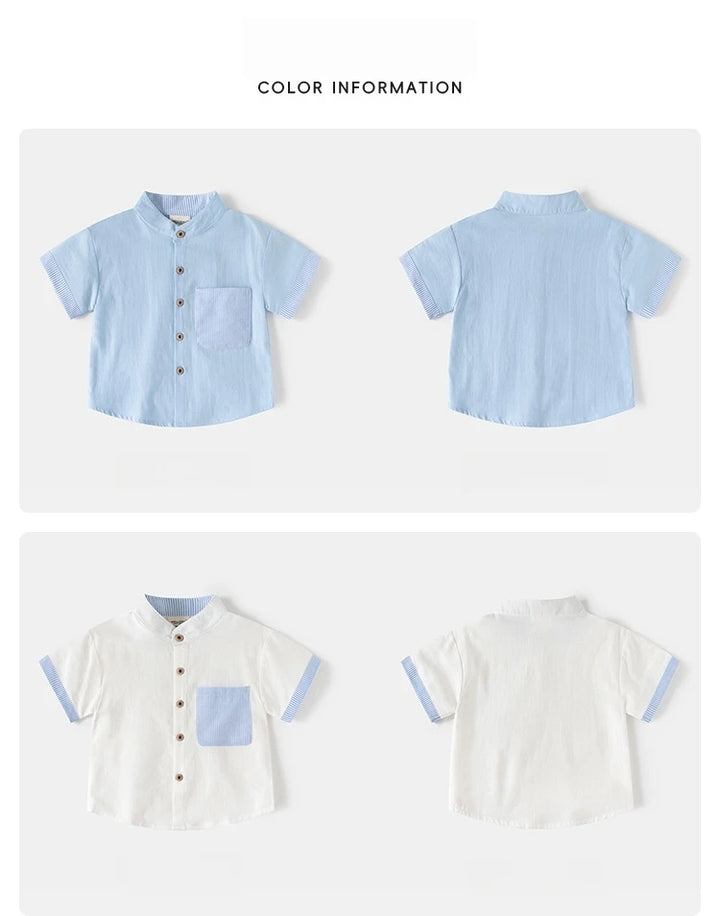 Boys’ 2T–6T Striped Mandarin Collar Shirt | قميص أطفال مخطط بياقة ماندارين لعمر ٢–٦ سنوات