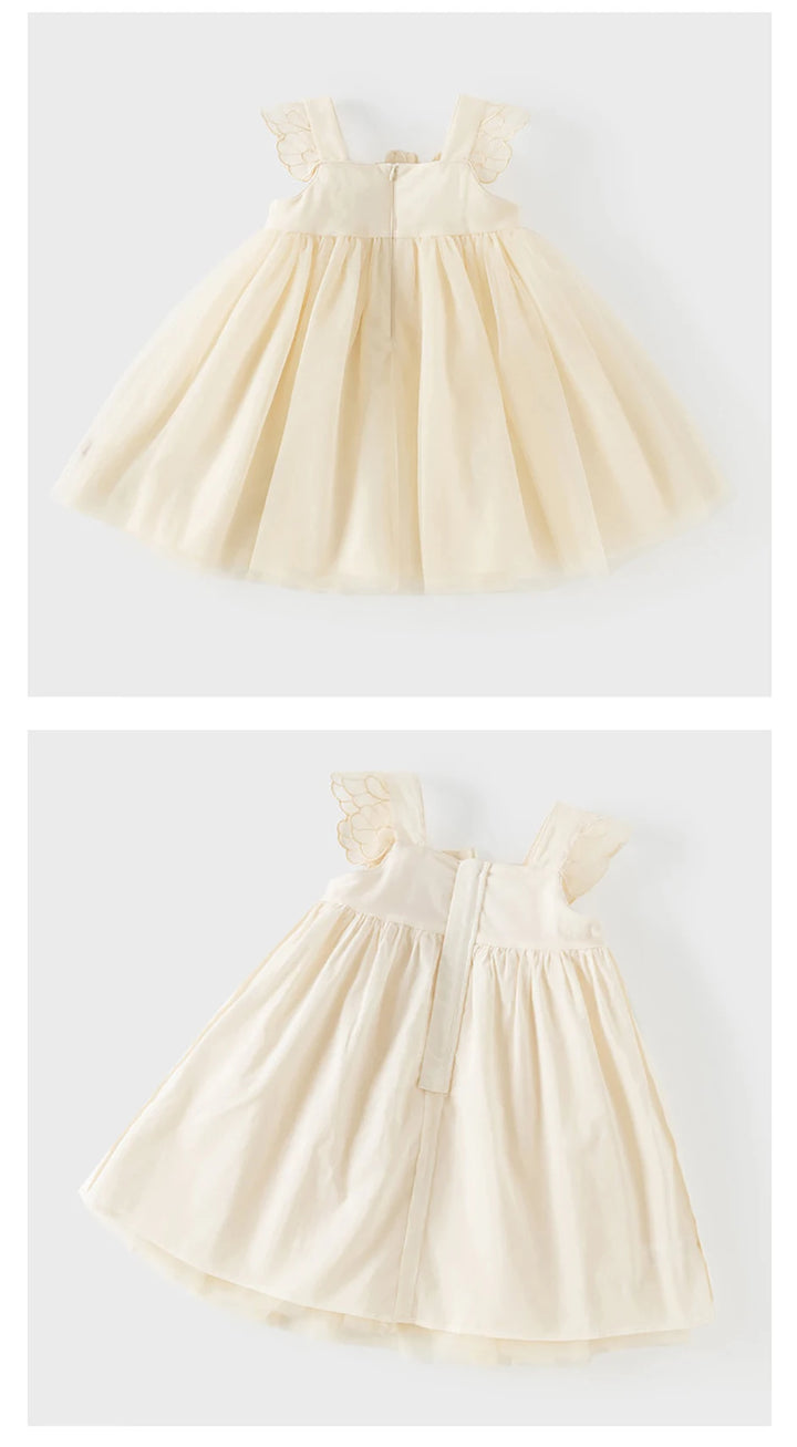 Girls Light Yellow Embroidered Mesh Dress
