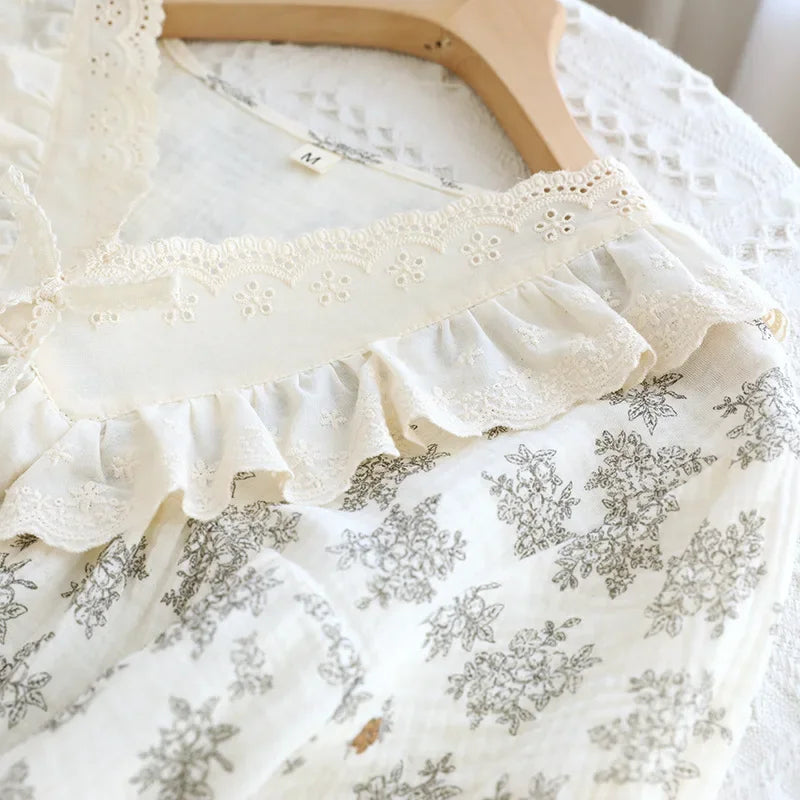 Women’s Cotton Gauze Sleep Dress | جلابية قطنية صيفية للبيت - Lace Trim