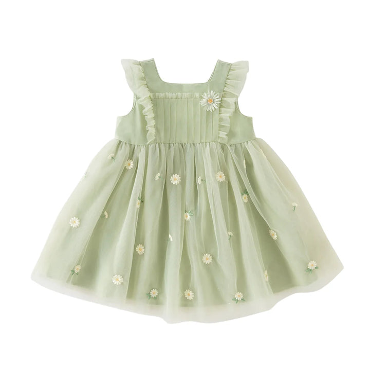 Girls Green Embroidered Mesh Dress
