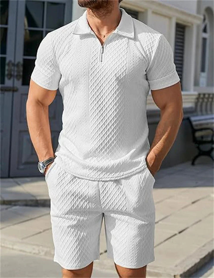 Men’s Jacquard Half-Zip Polo & Shorts Set | طقم رجالي بولو جاكار بسحاب وشورت