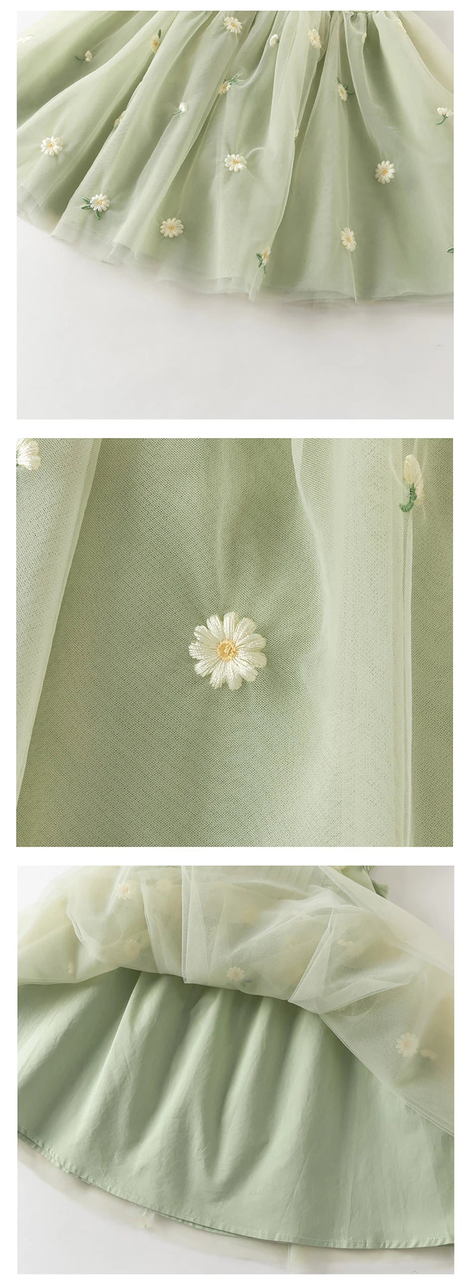 Girls Green Embroidered Mesh Dress