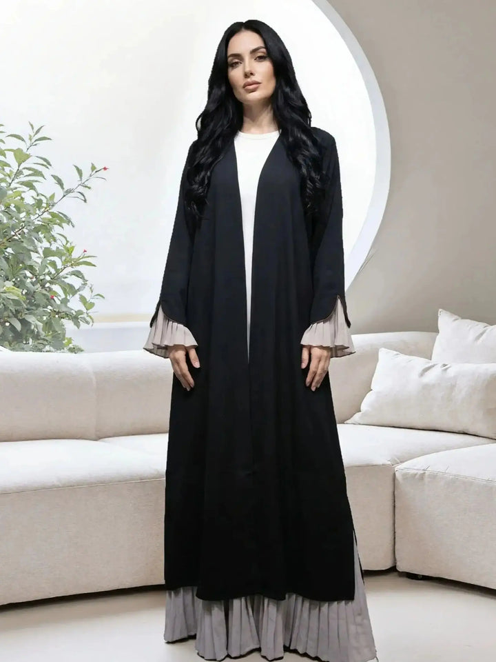 Abaya Pleated Patchwork Design | Muslim Women Open Front Long Kaftan