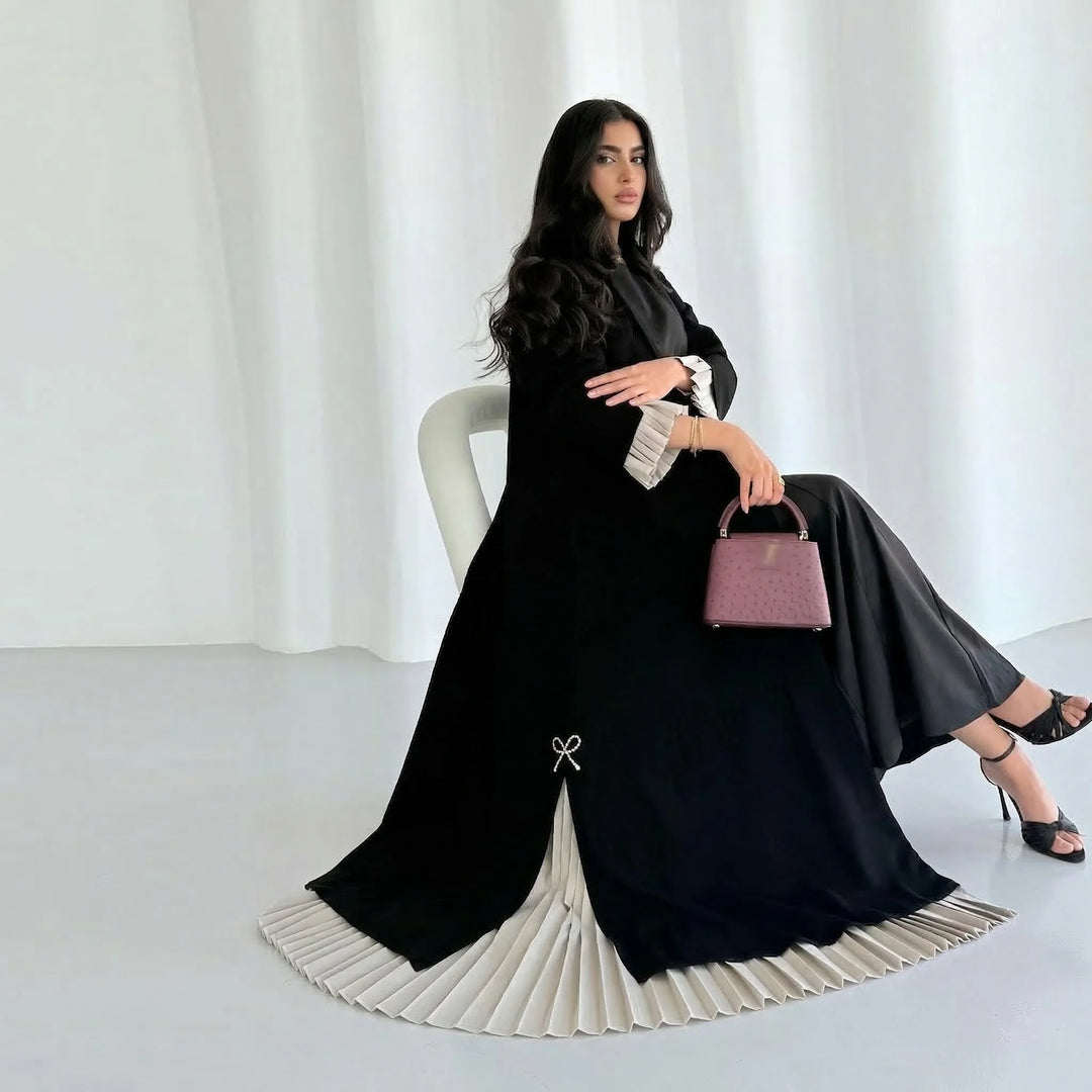 Abaya Pleated Patchwork Design | Muslim Women Open Front Long Kaftan