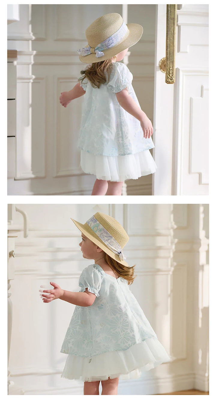 Girls Light Blue Printed Mesh Dress