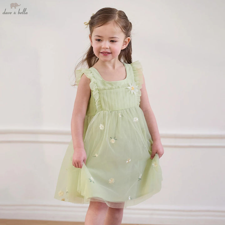 Girls Green Embroidered Mesh Dress