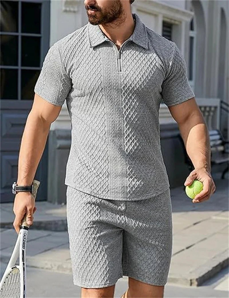 Men’s Jacquard Half-Zip Polo & Shorts Set | طقم رجالي بولو جاكار بسحاب وشورت