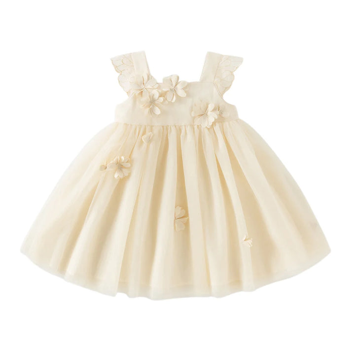 Girls Light Yellow Embroidered Mesh Dress