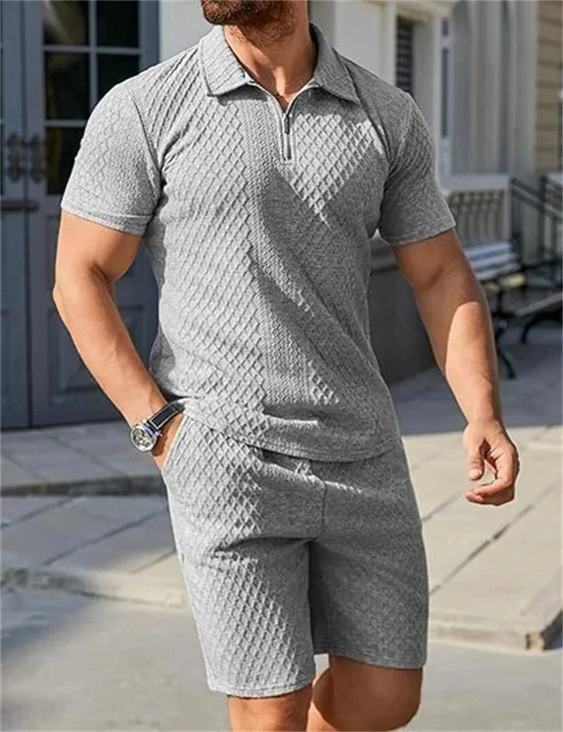 Men’s Jacquard Half-Zip Polo & Shorts Set | طقم رجالي بولو جاكار بسحاب وشورت