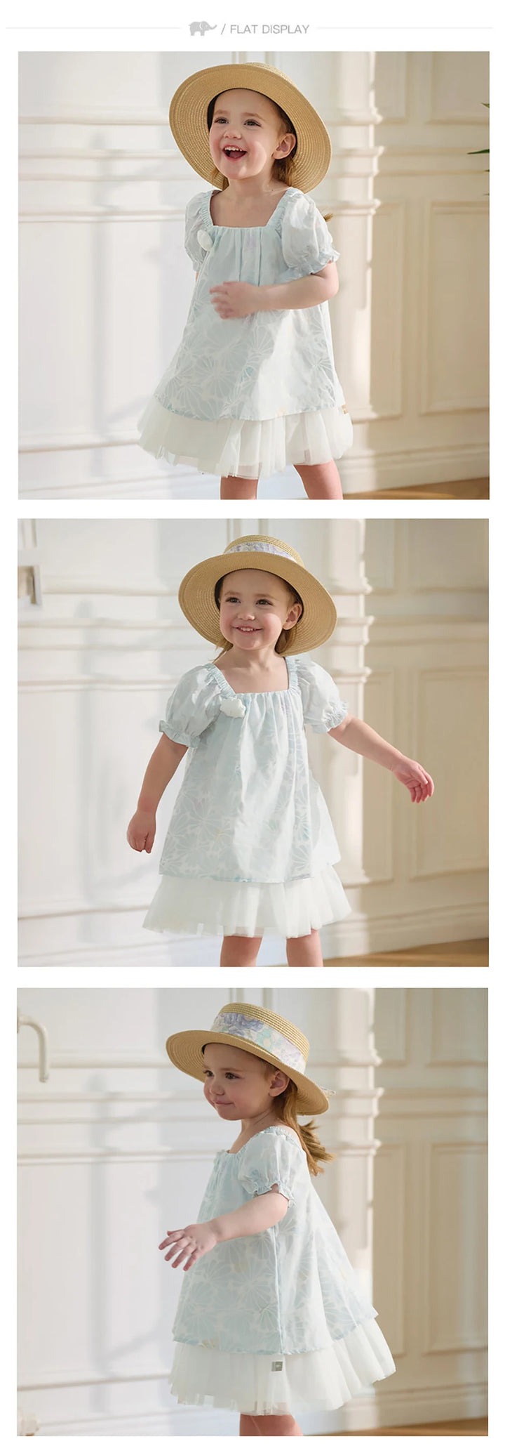 Girls Light Blue Printed Mesh Dress