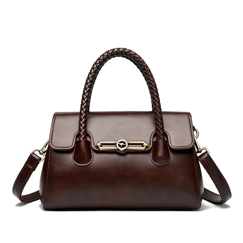 Women’s Woven-Handle Leather Handbag | حقيبة جلد نسائية بمقبض منسوج