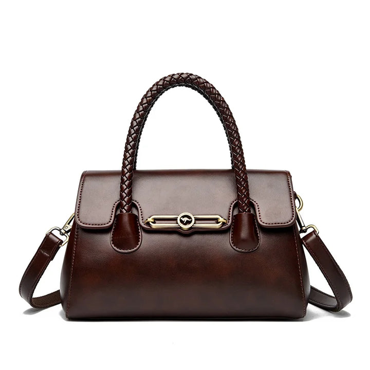 Women’s Woven-Handle Leather Handbag | حقيبة جلد نسائية بمقبض منسوج