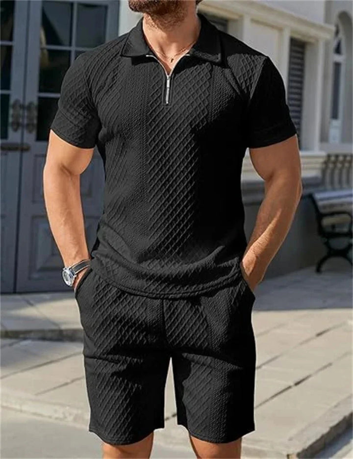 Men’s Jacquard Half-Zip Polo & Shorts Set | طقم رجالي بولو جاكار بسحاب وشورت