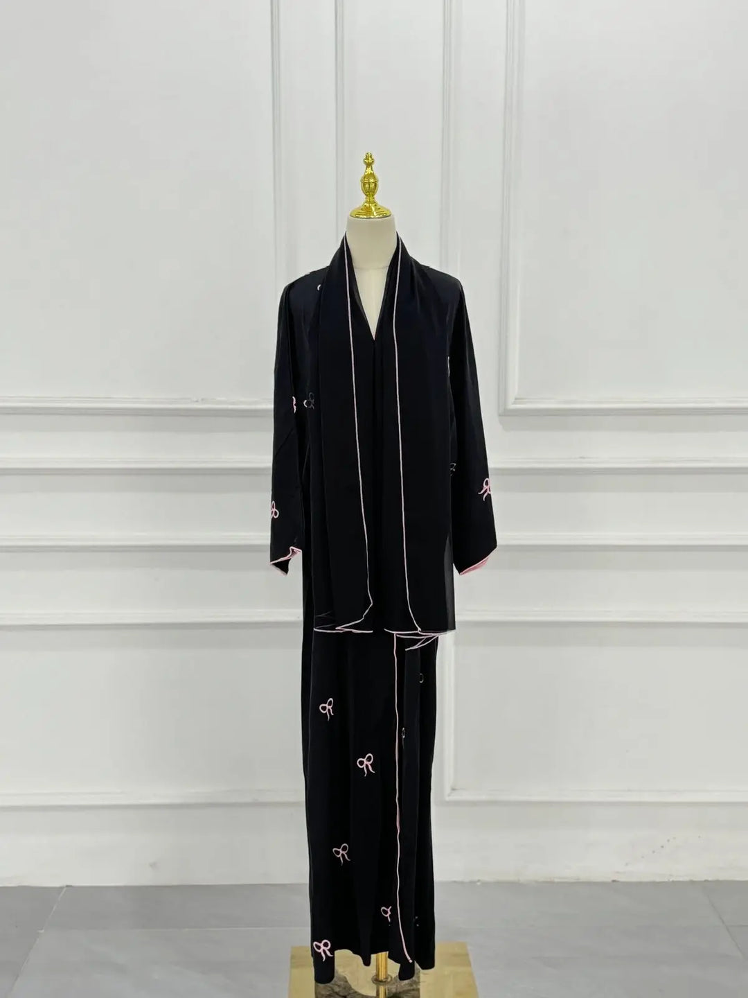 Women’s Open Abaya | Elegant Bow Embroidery Scarf Option Design